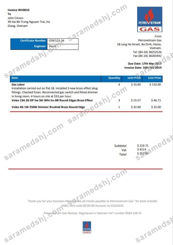 Vietnam Petrovietnam Gas utility bill template in Word and PDF format